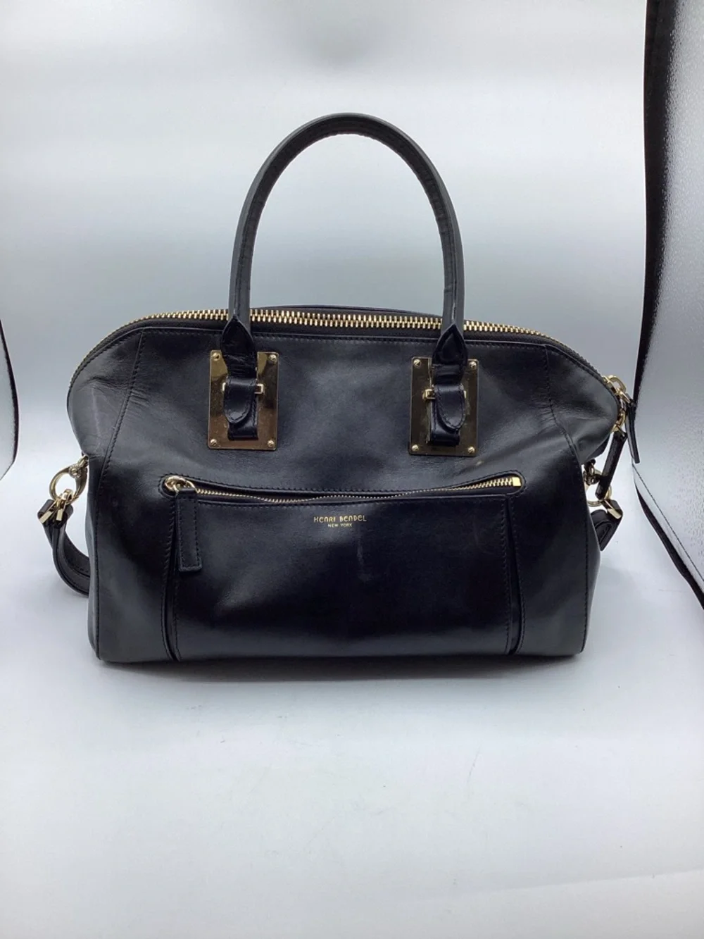 henri bendel Black Leather Satchel with Gold Hardware